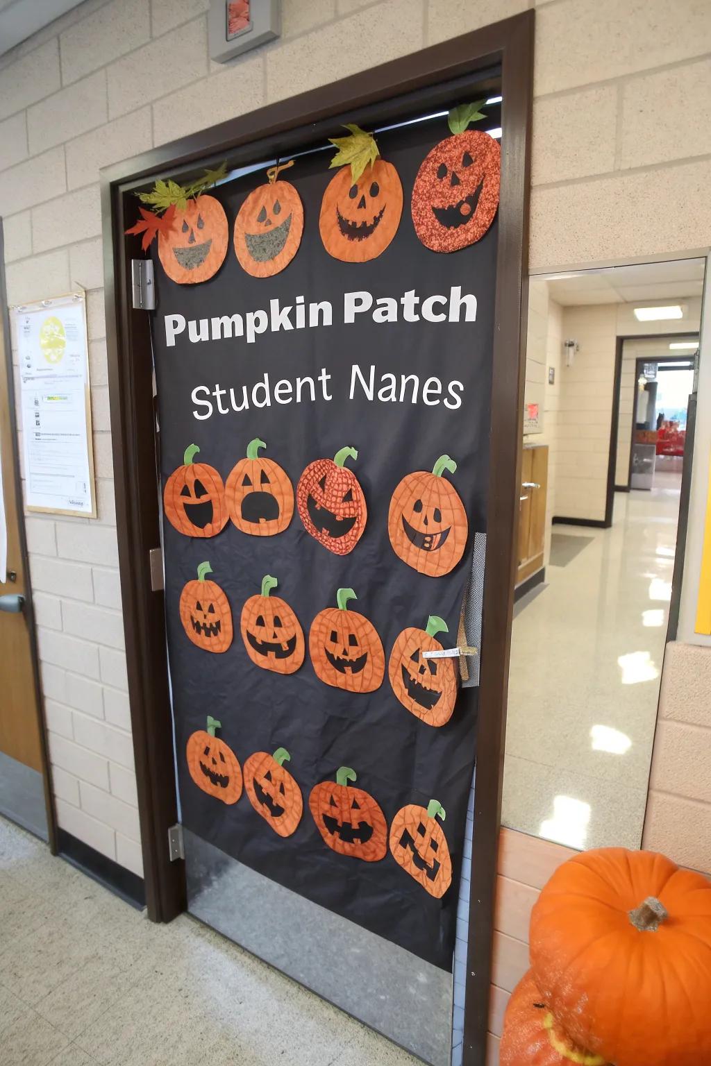 A captivating pumpkin-themed doorway showcasing student names.