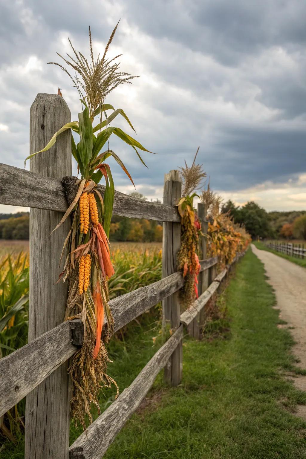 Corn stalks affixed to fence posts impart countryside appeal to any garden.