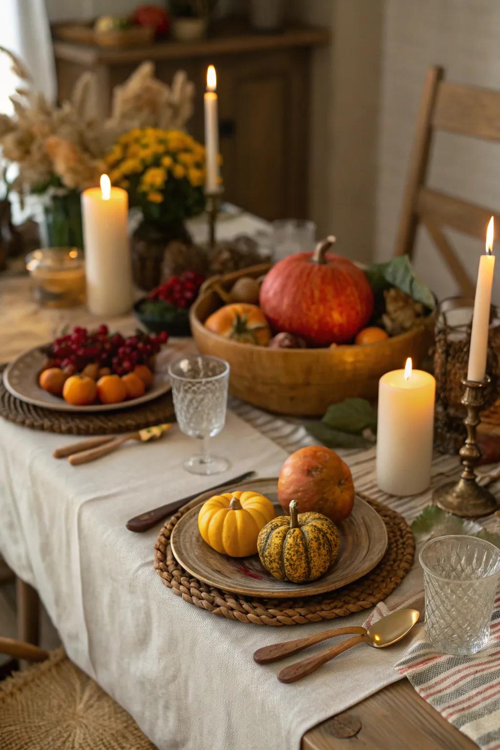 A table arranged rustically for a fall harvest dinner.