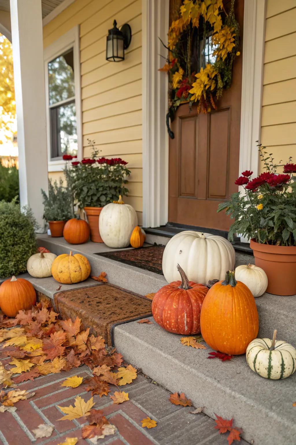 Pumpkins and squashes create a joyful and festive vibe for your autumn porch.