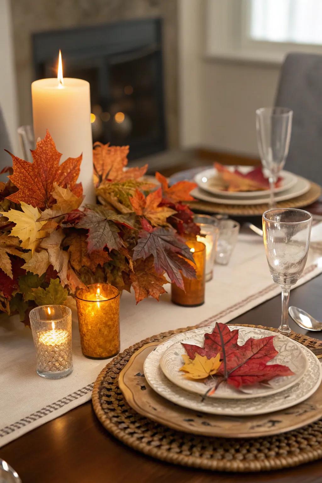Create a captivating table centerpiece showcasing autumn foliage.