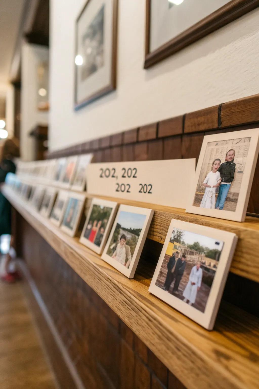 A family timeline wall displaying photographs chronologically