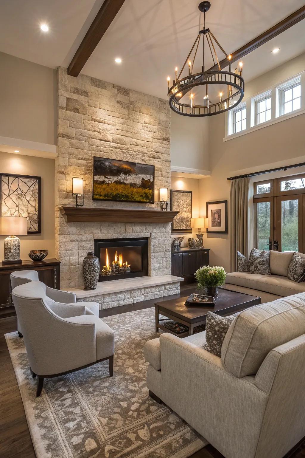 A warm family room featuring a striking fireplace as the main focal point.