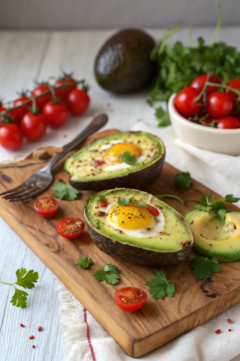 Eggs nestled in avocado halves offer a nutritious and visually captivating breakfast solution.