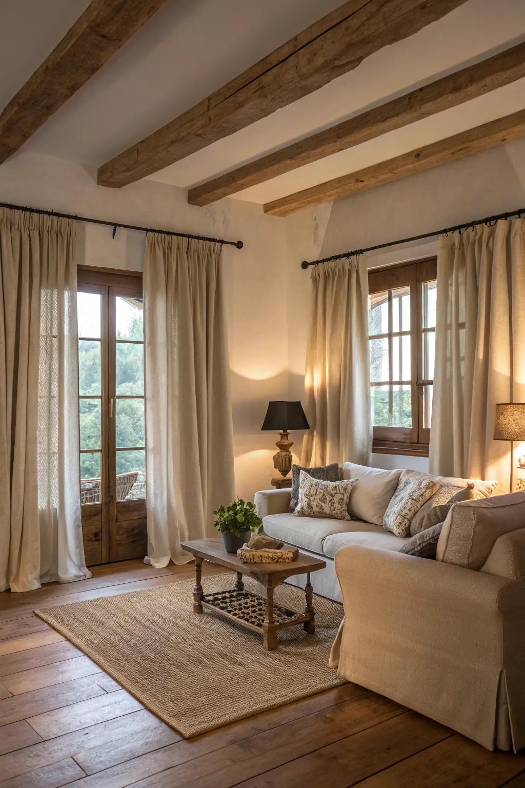 Neutral tinted coverings complementing timber floors within a peaceful countryside sitting room.