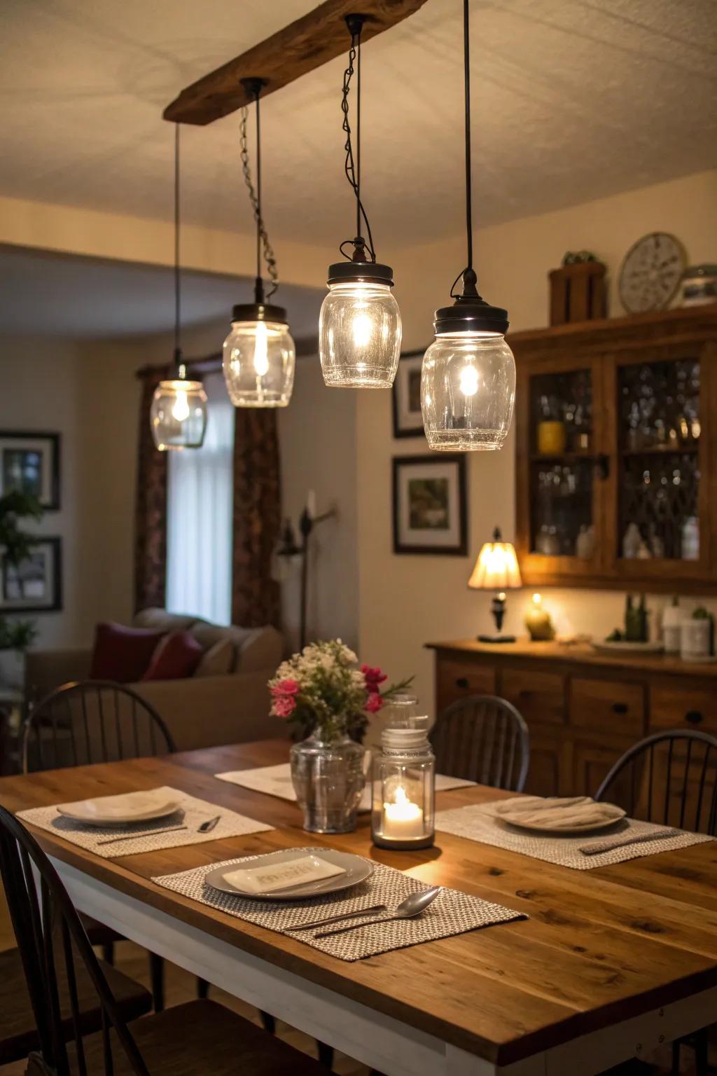 Repurposed container lights introduce a cheerful and countryside charm to your eating space.