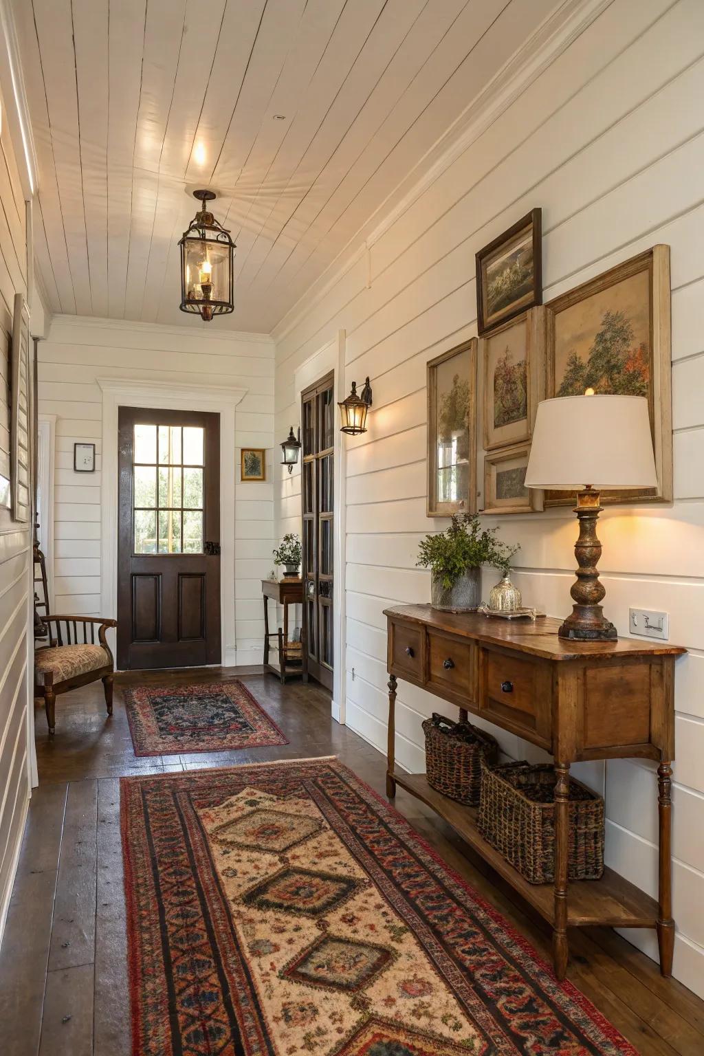 Country entryway adorned with sophisticated grooved plank walls for a timeless appearance.