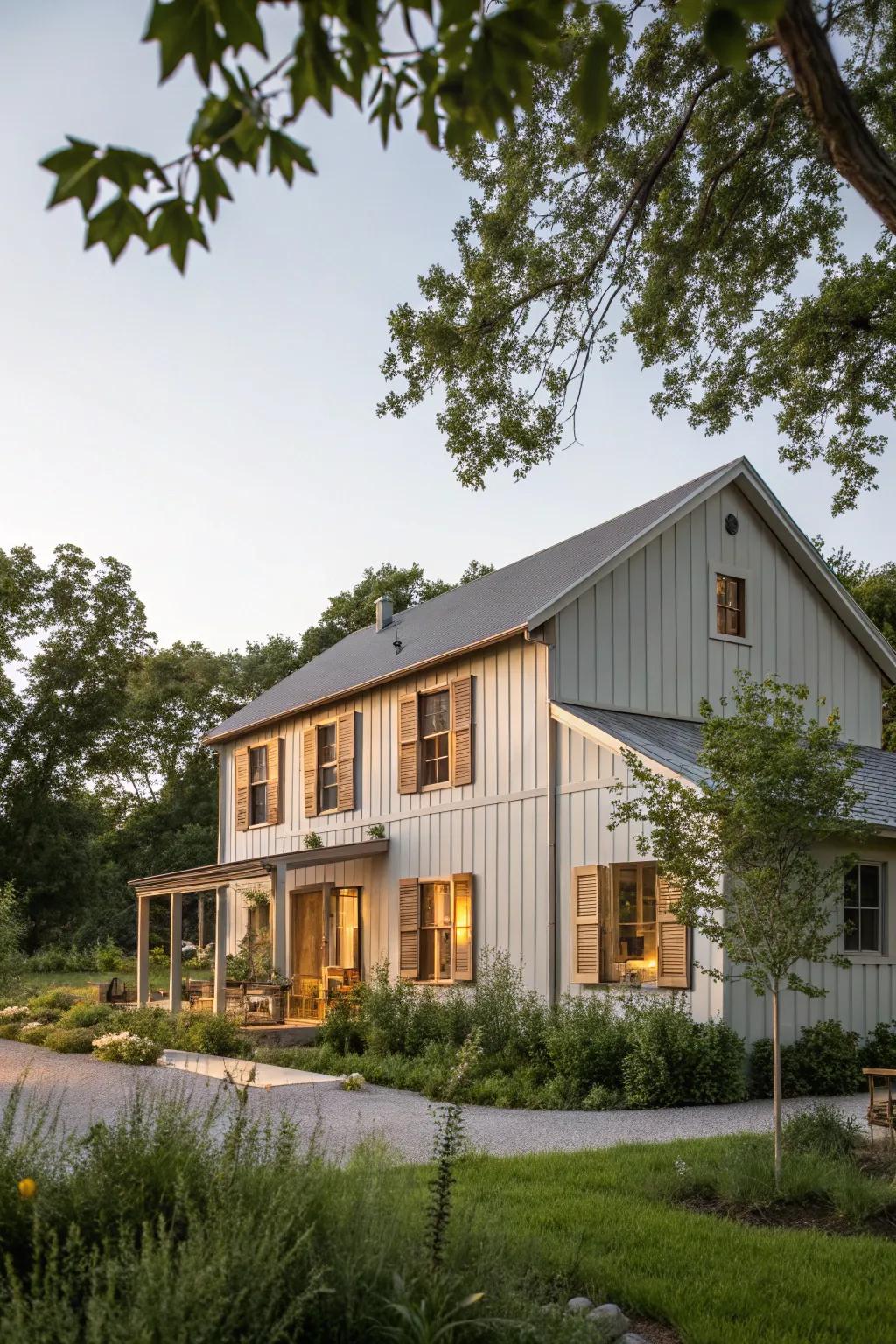 A contemporary farmhouse painted in relaxing gray shades with wooden features.