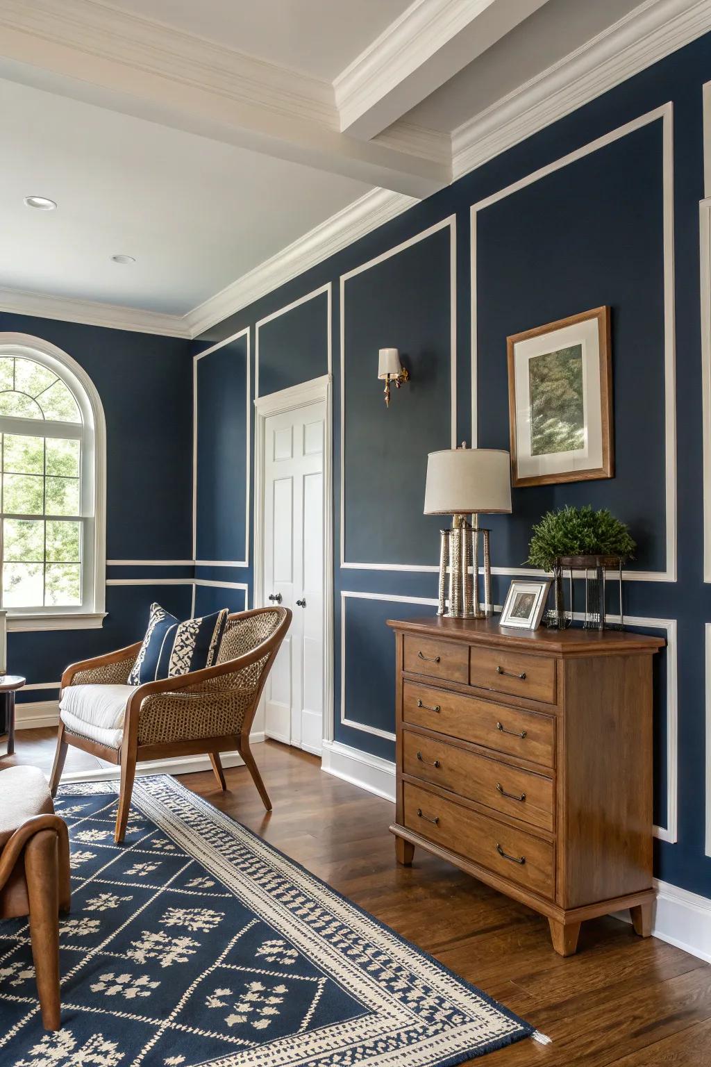 An indigo wall enriches this farmhouse space with refinement and intensity.