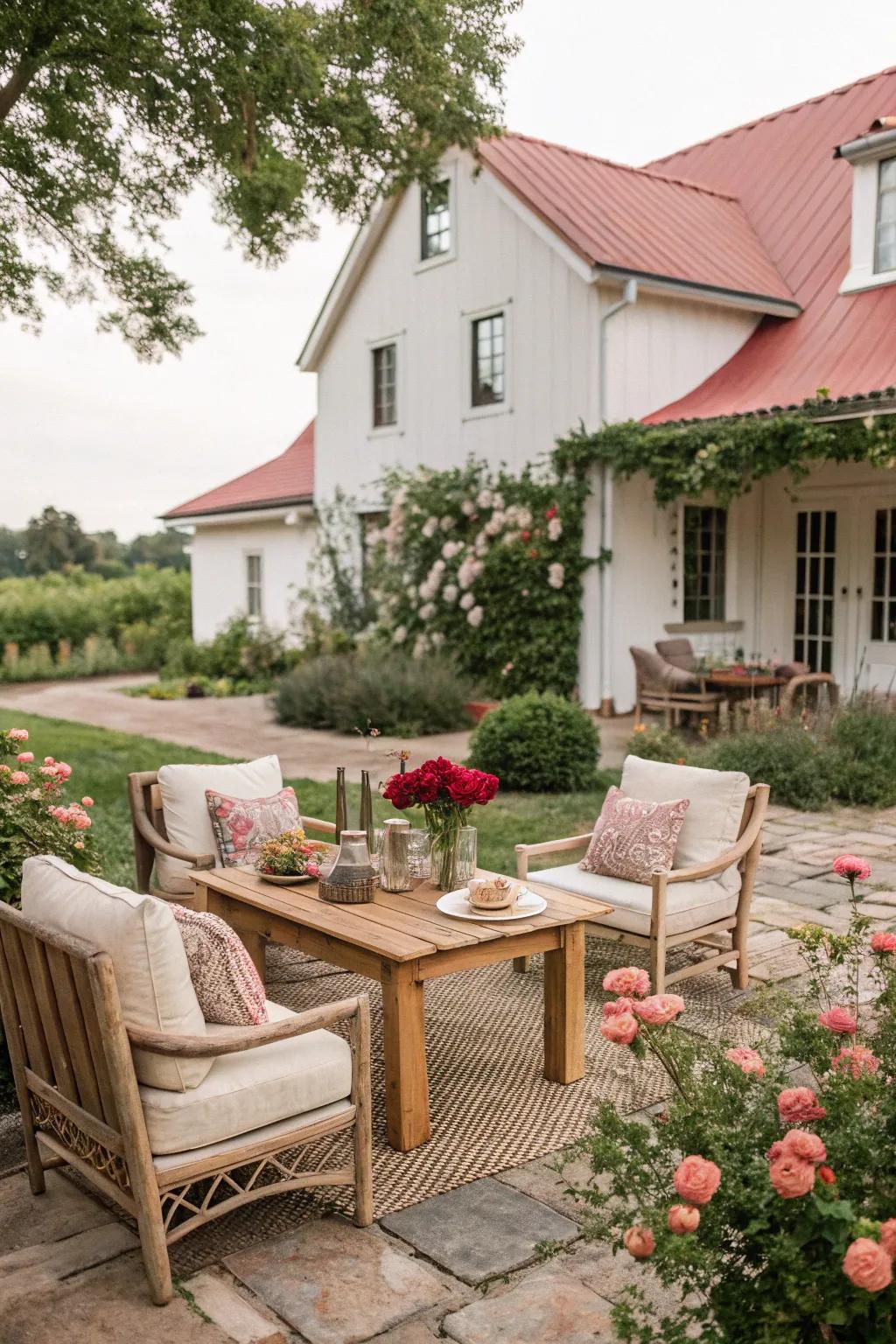 Soothing neutral tones establish a tranquil and tempting farmhouse patio.