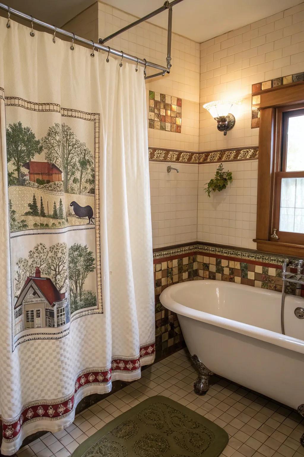 A retro-inspired lavatory with a shower drape showcasing captivating rural vistas.
