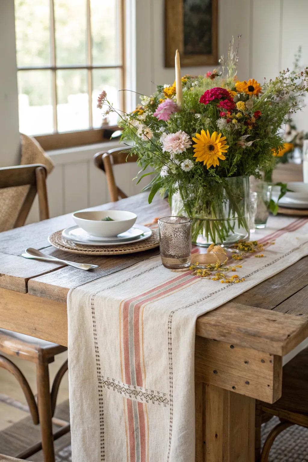 Stacked linen and sheer accents amplify the table's visual depth.