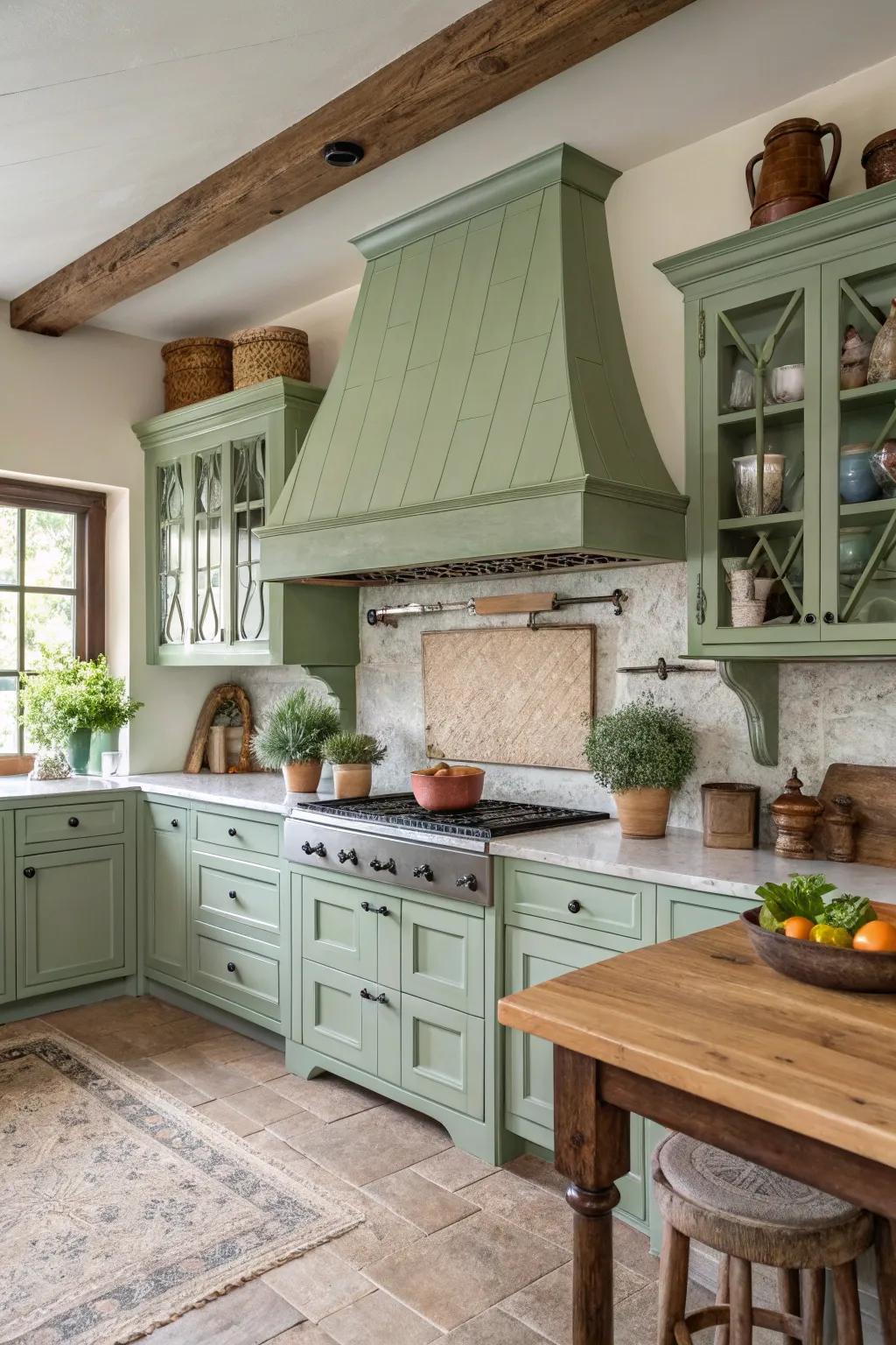 A painted vent hood in sage effortlessly incorporates into the countryside kitchen.