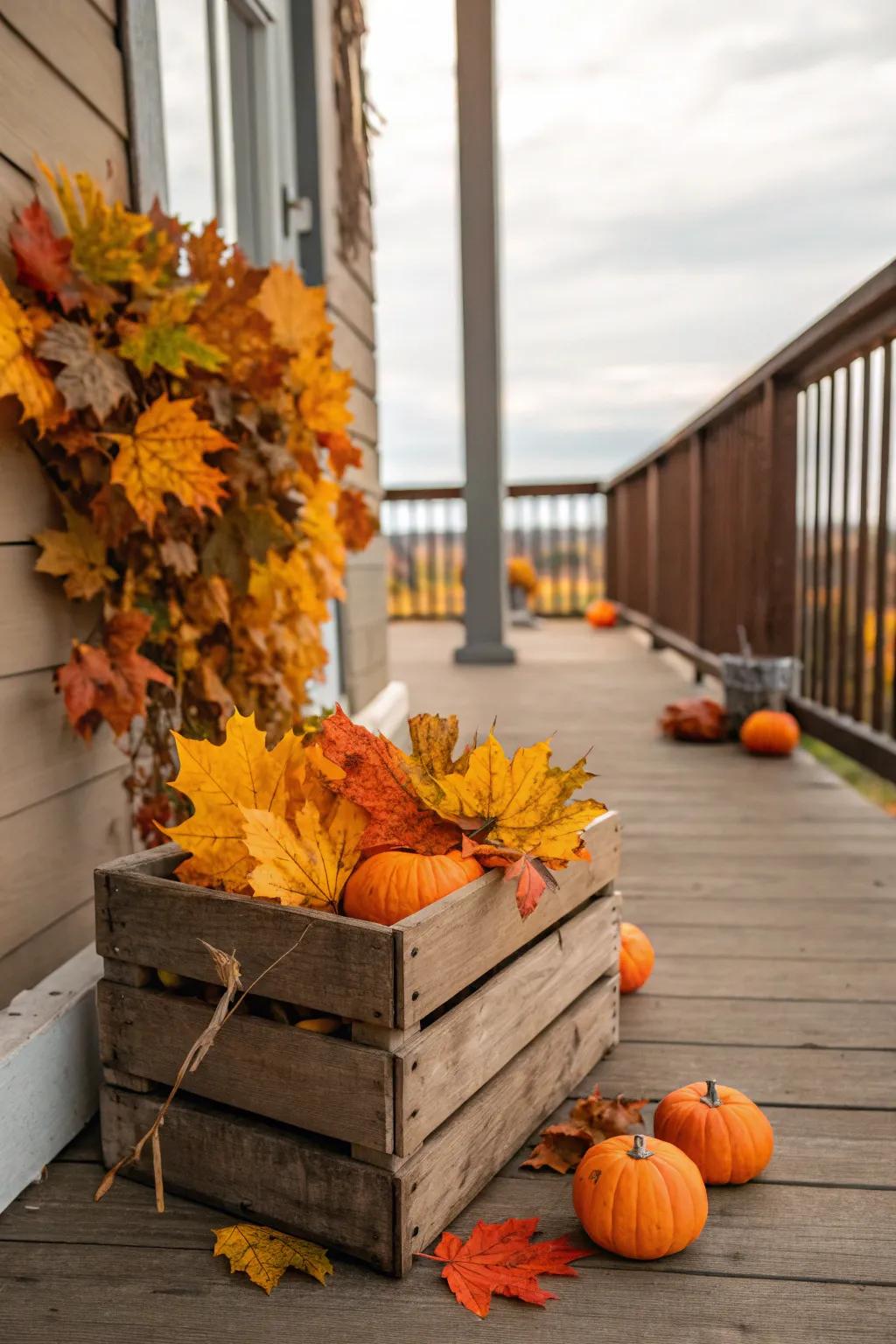 Country box presenting seasonal fall decoration.