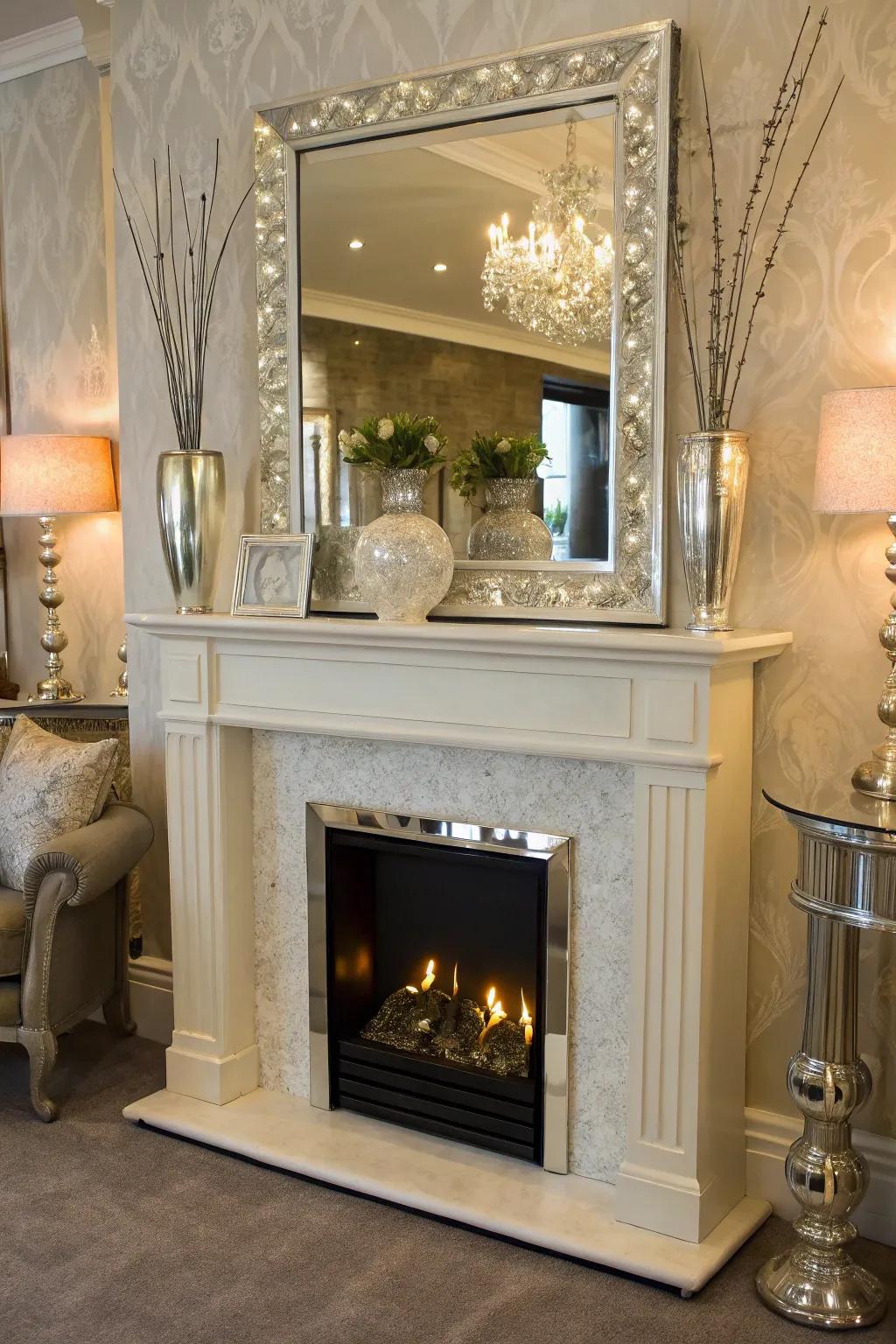 An artificial fireplace displaying a fashionable reflective panel backdrop to increase perceived space.