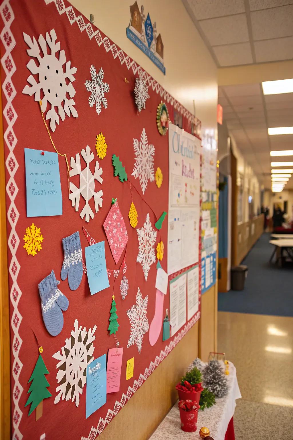 A winter dreamland-themed bulletin board showcasing snowflakes and hand coverings.