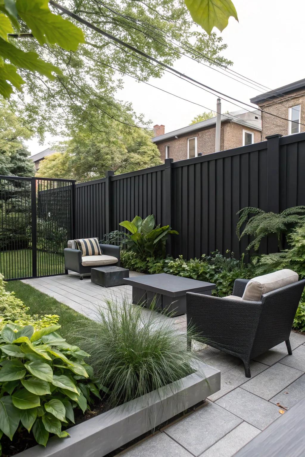 Ebony fences give a modern, striking contrast to vibrant greenery.