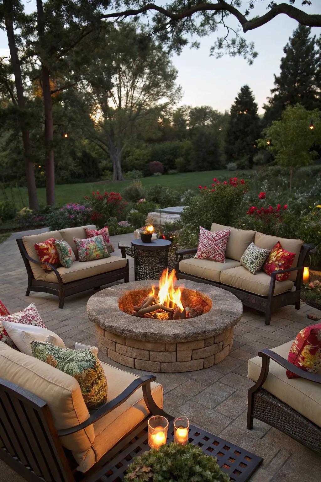 Padded seating provides coziness and flair around the fire pit.