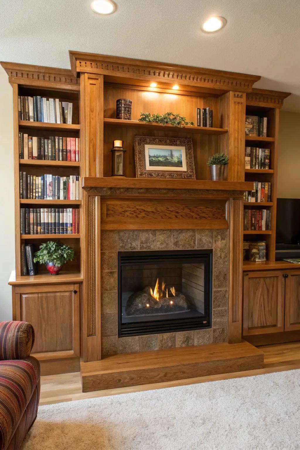 Integrated shelves introduce both elegance and practicality to this appealing fireplace setting.