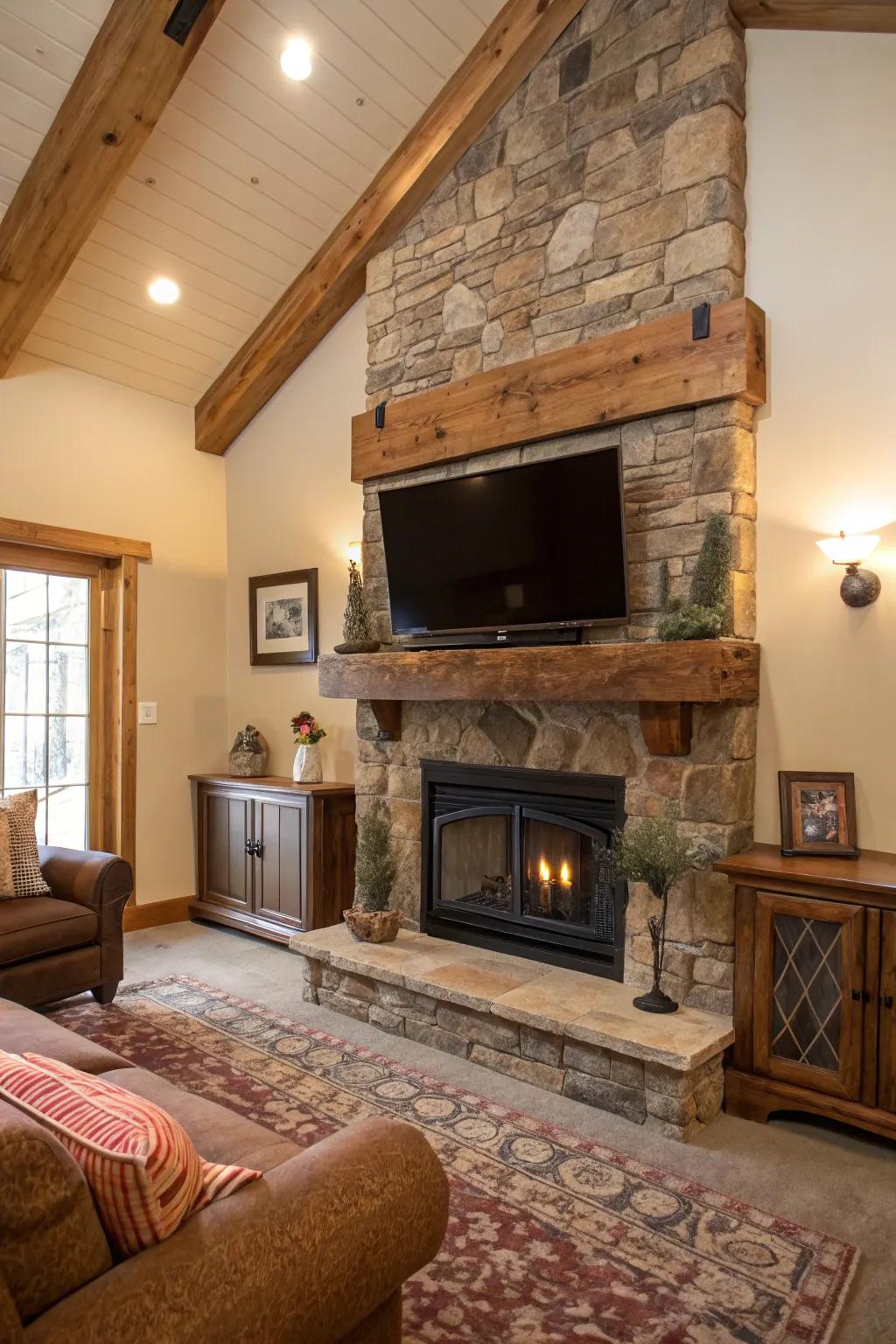 A rustic-themed living space with a stone fireplace and TV, emanating a warm atmosphere.