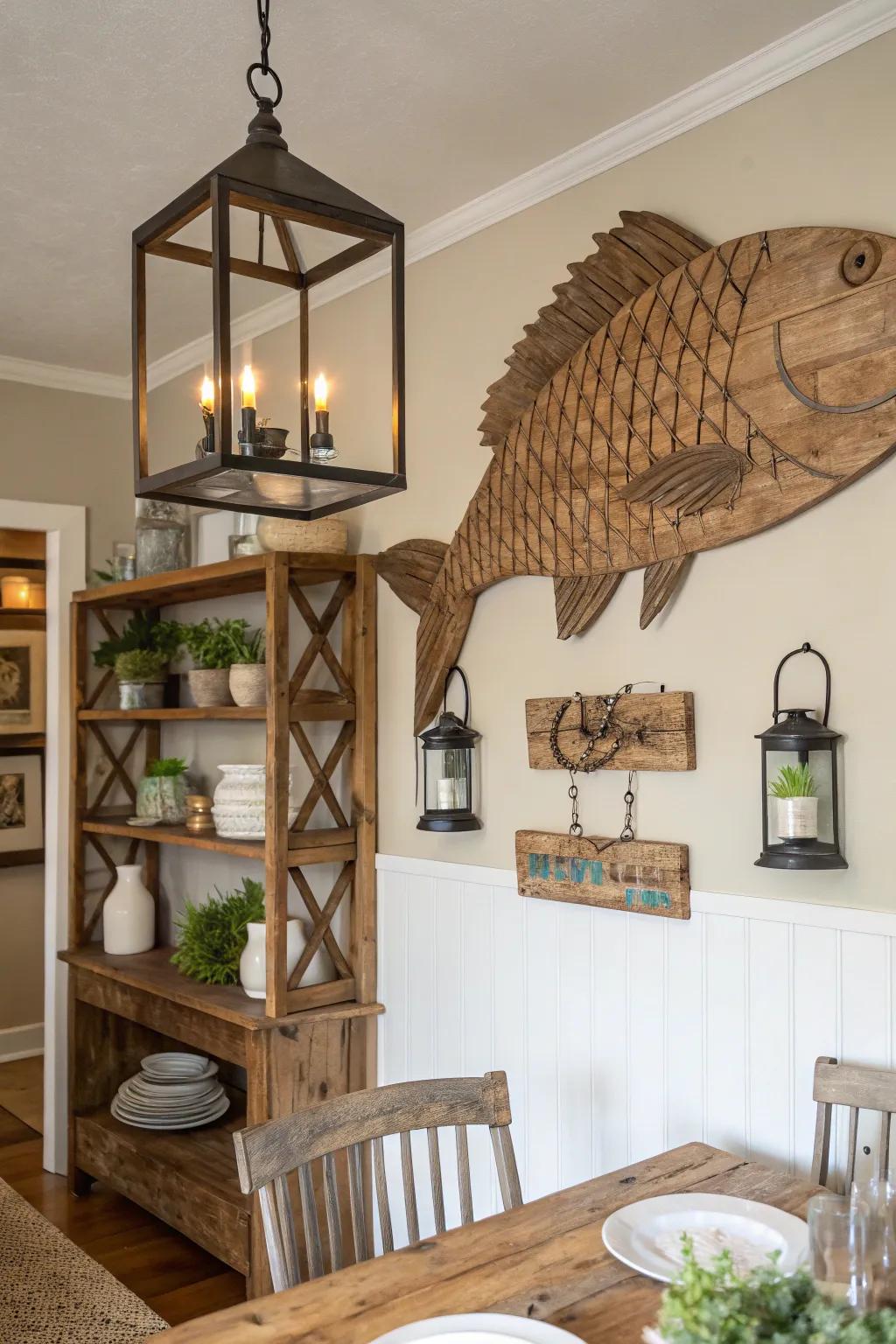 Timber fish artwork enriches any space with a country charm.