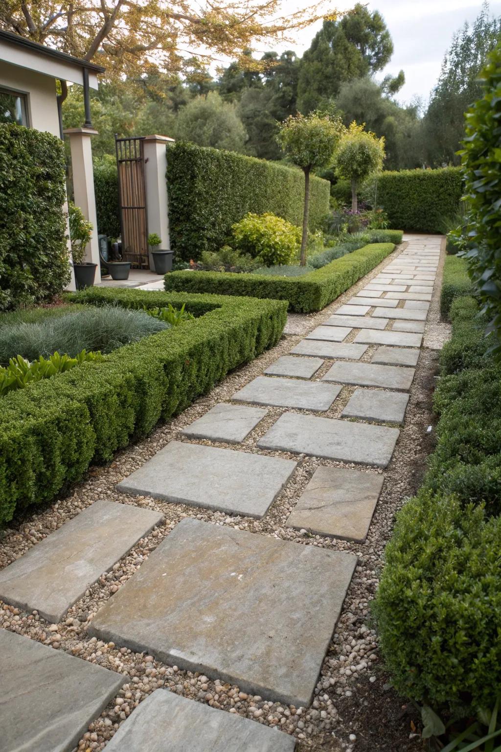 Slate and loose stones converge, forming a dramatically textured garden path.
