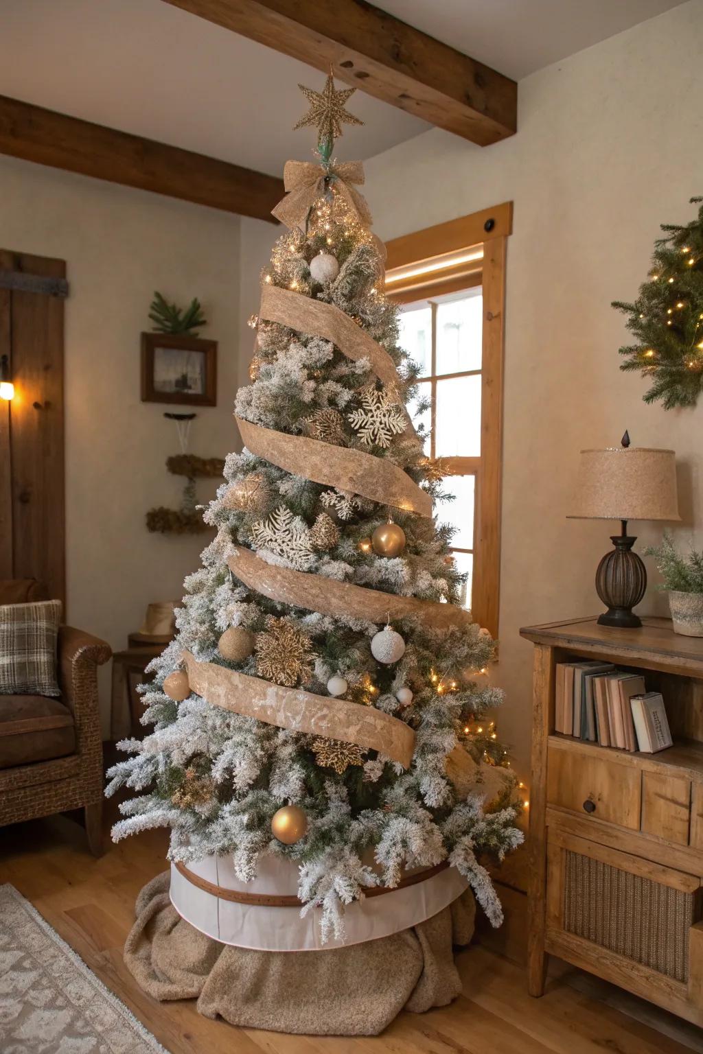 A country-themed flocked Christmas tree highlighted with sacking and timber accents.