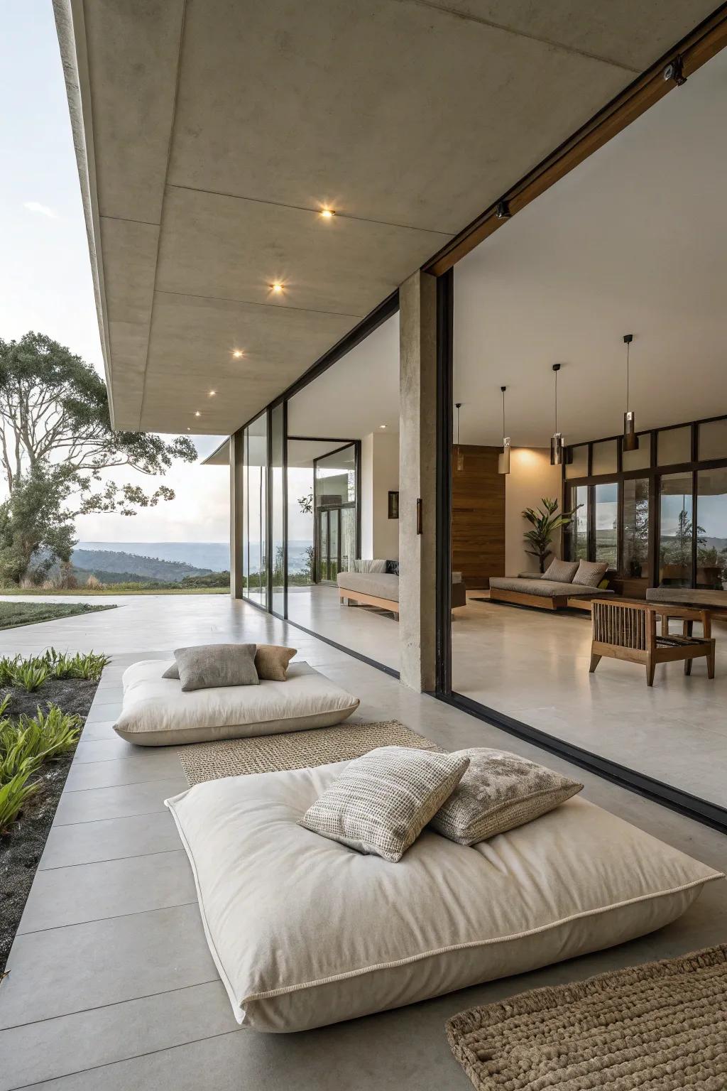 Minimalist floor seating celebrates simplicity and peace.