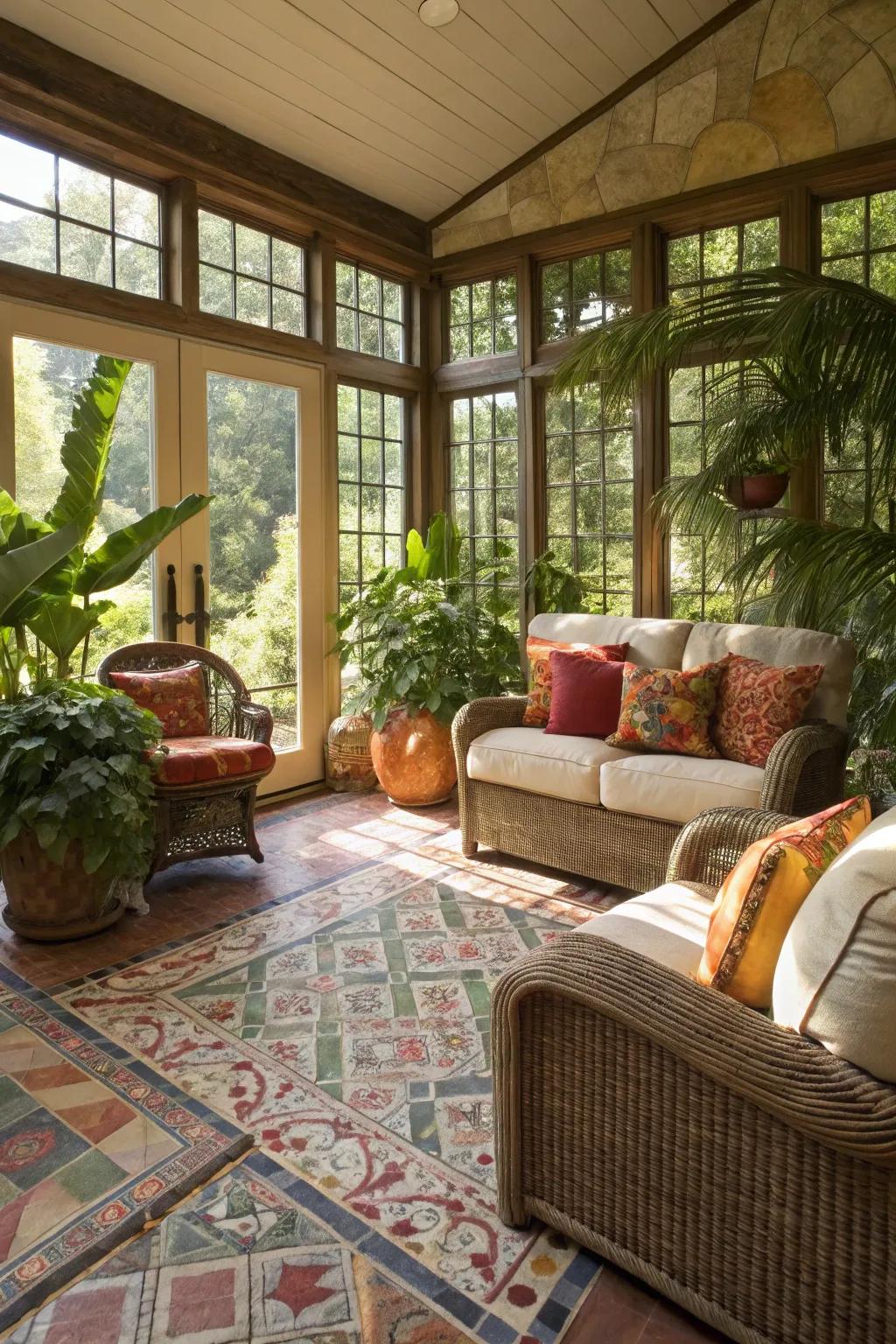 Sunroom in the style of the Mediterranean that features stonework tiling.