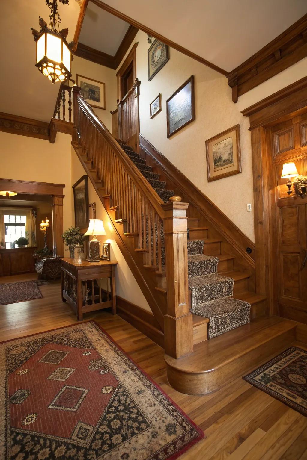 Traditional wooden steps infuse warmth and classic charm into any staircase design.