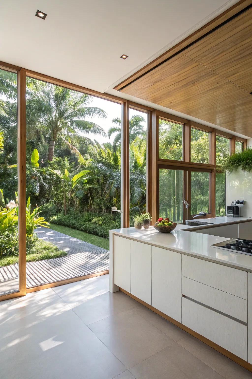 A kitchen abundant with sunlight, highlighting a smooth transition to the outdoors.