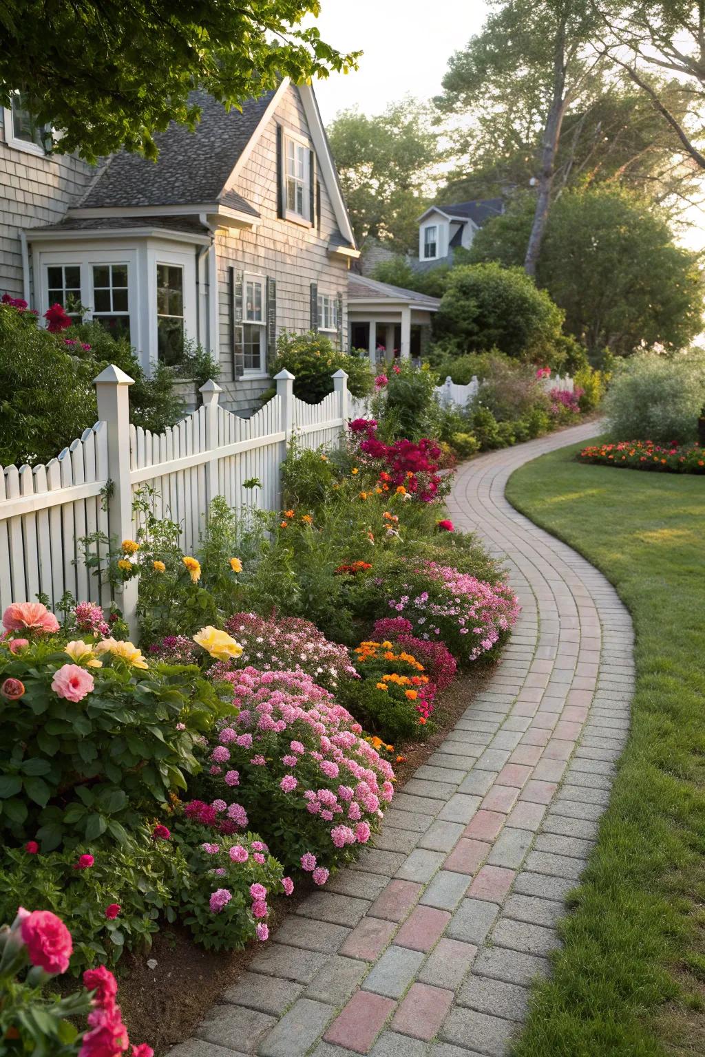 A delightful garden route adorned with colorful flora, establishing a whimsical sense of flow.