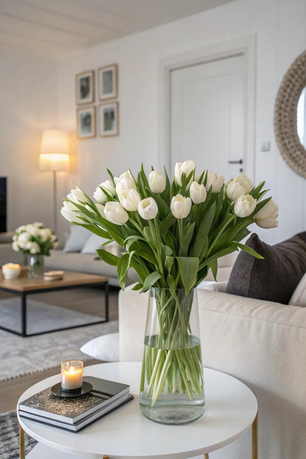 Snowdrops crafting a tranquil vibe within a contemporary lounge.