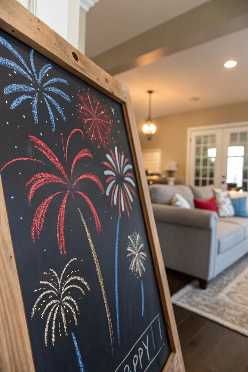 Dynamic fireworks sketched on a slate for the Independence Day fete.