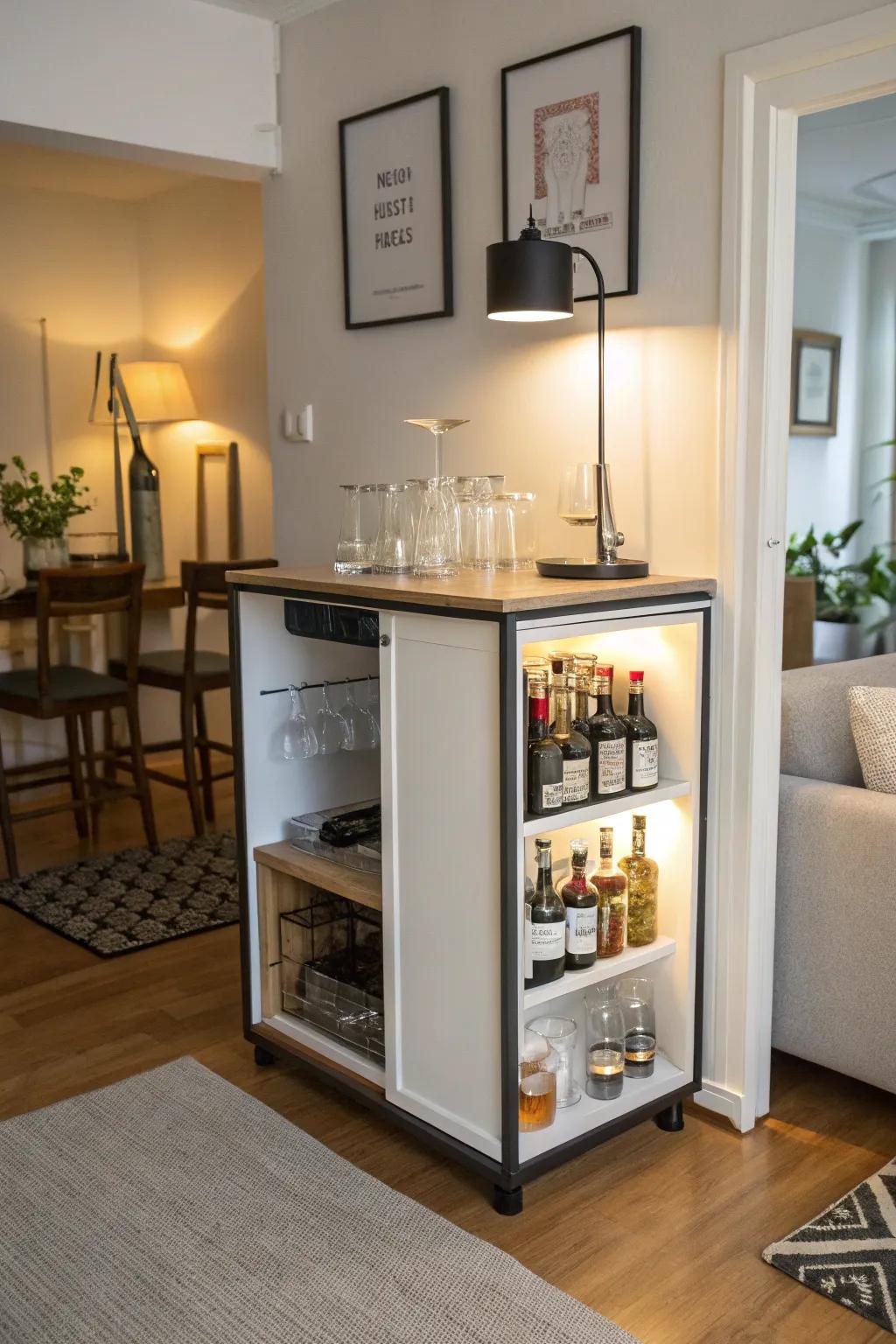 A chic diminutive bar that nestles flawlessly into a petite apartment nook.