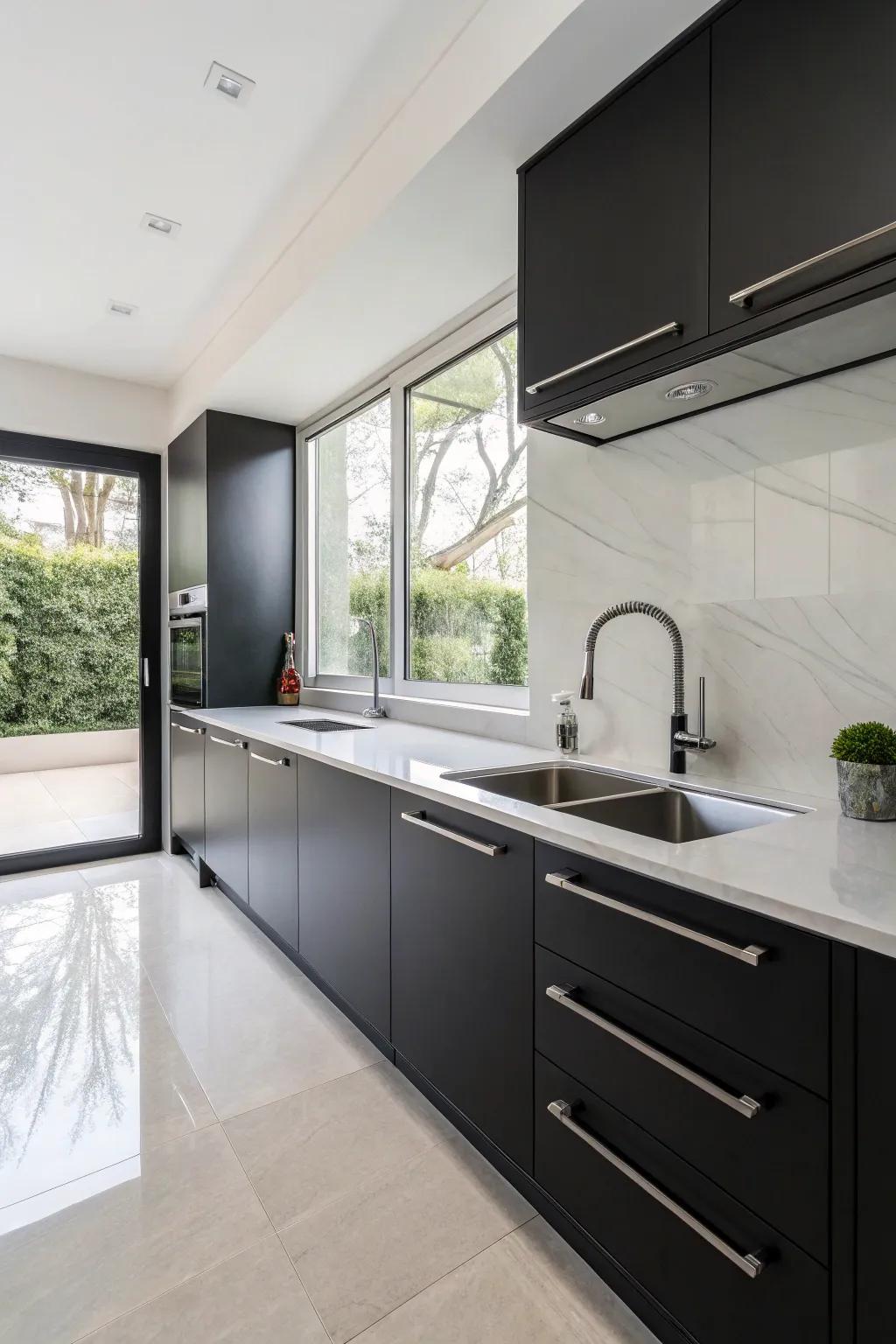 A minimalist kitchen equipped with an elegant stainless steel independent sink.
