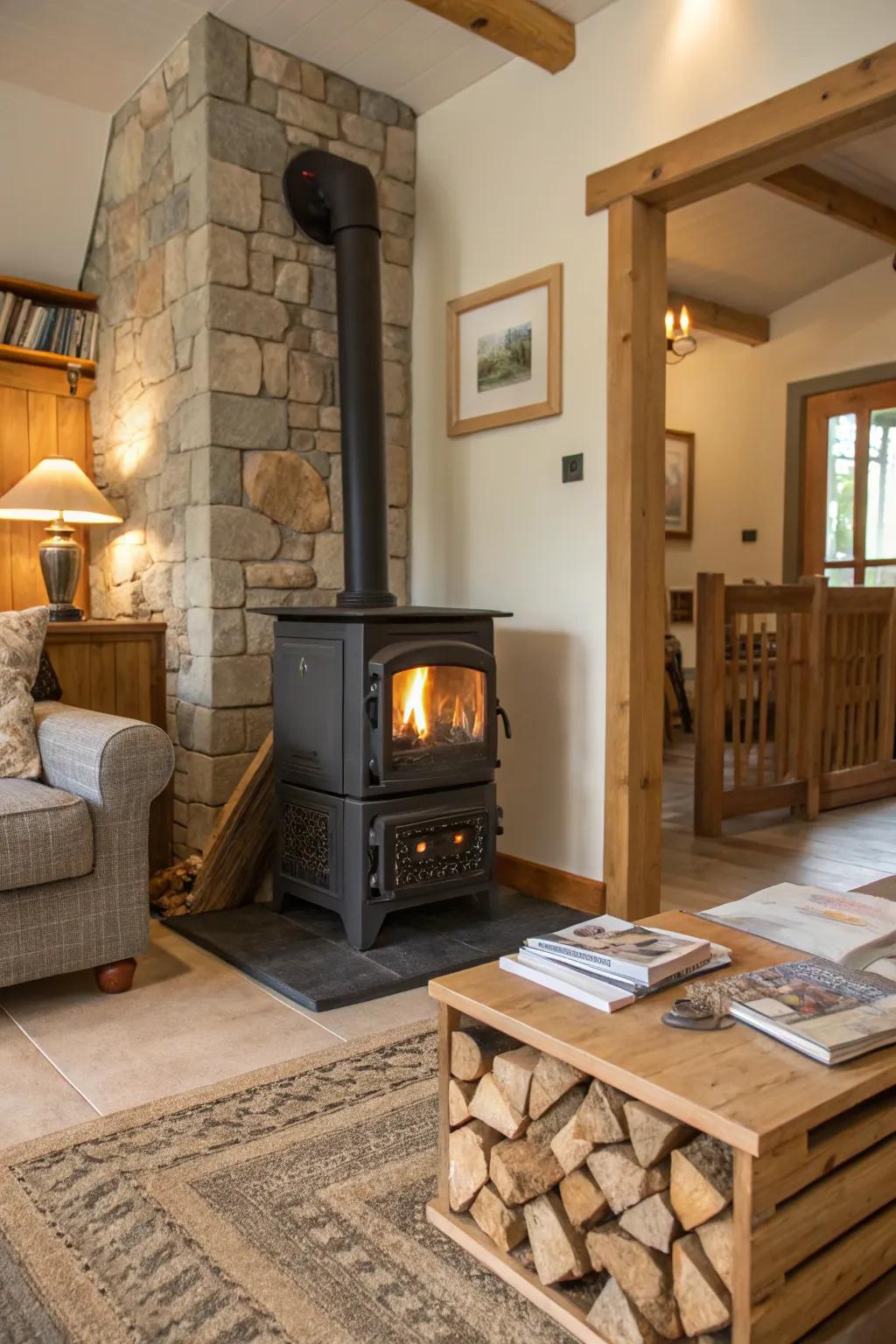 Integrated firewood storage is both useful and fashionable.