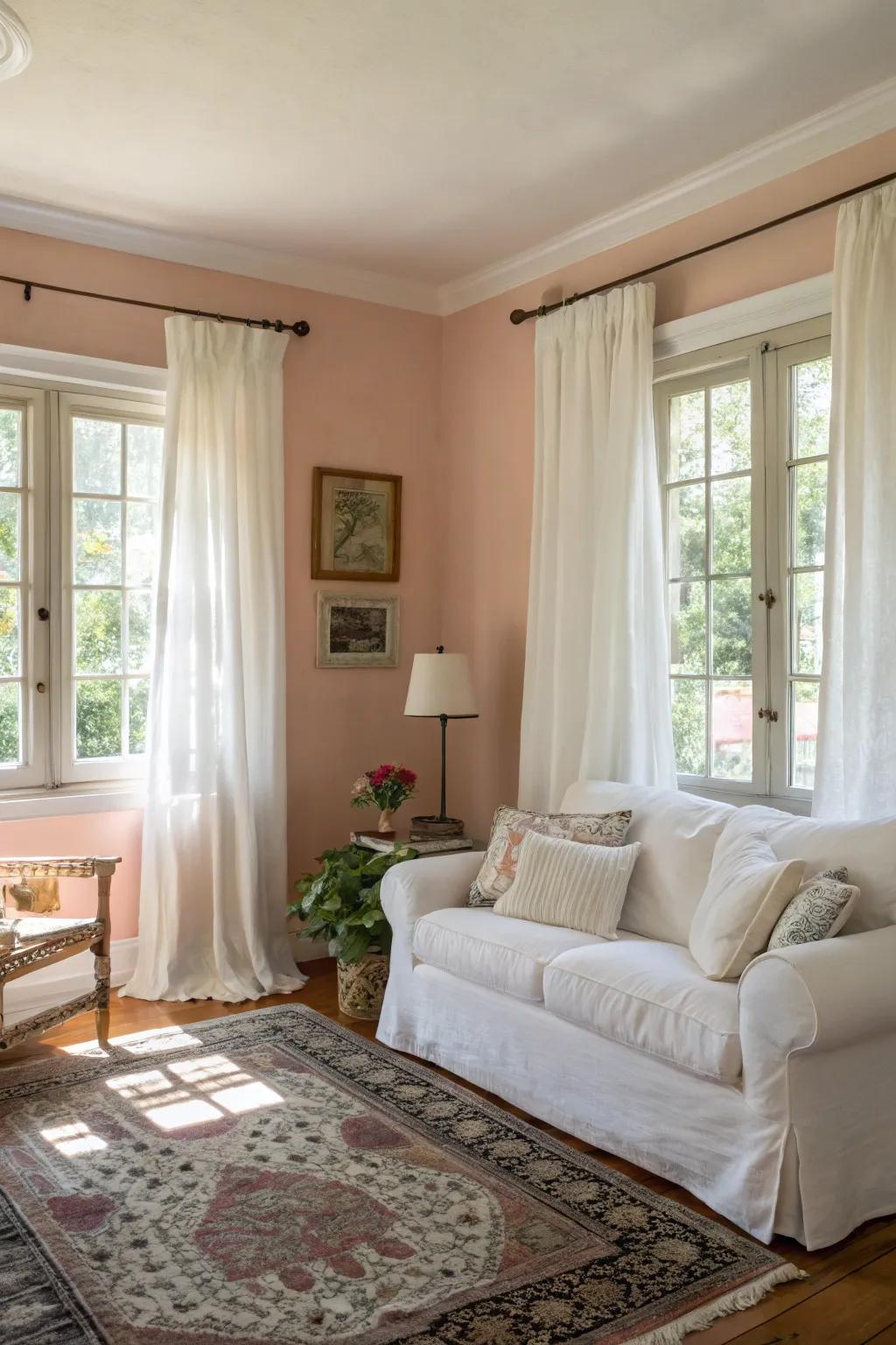 A serene living space featuring light pastel shades and an inviting white sofa.