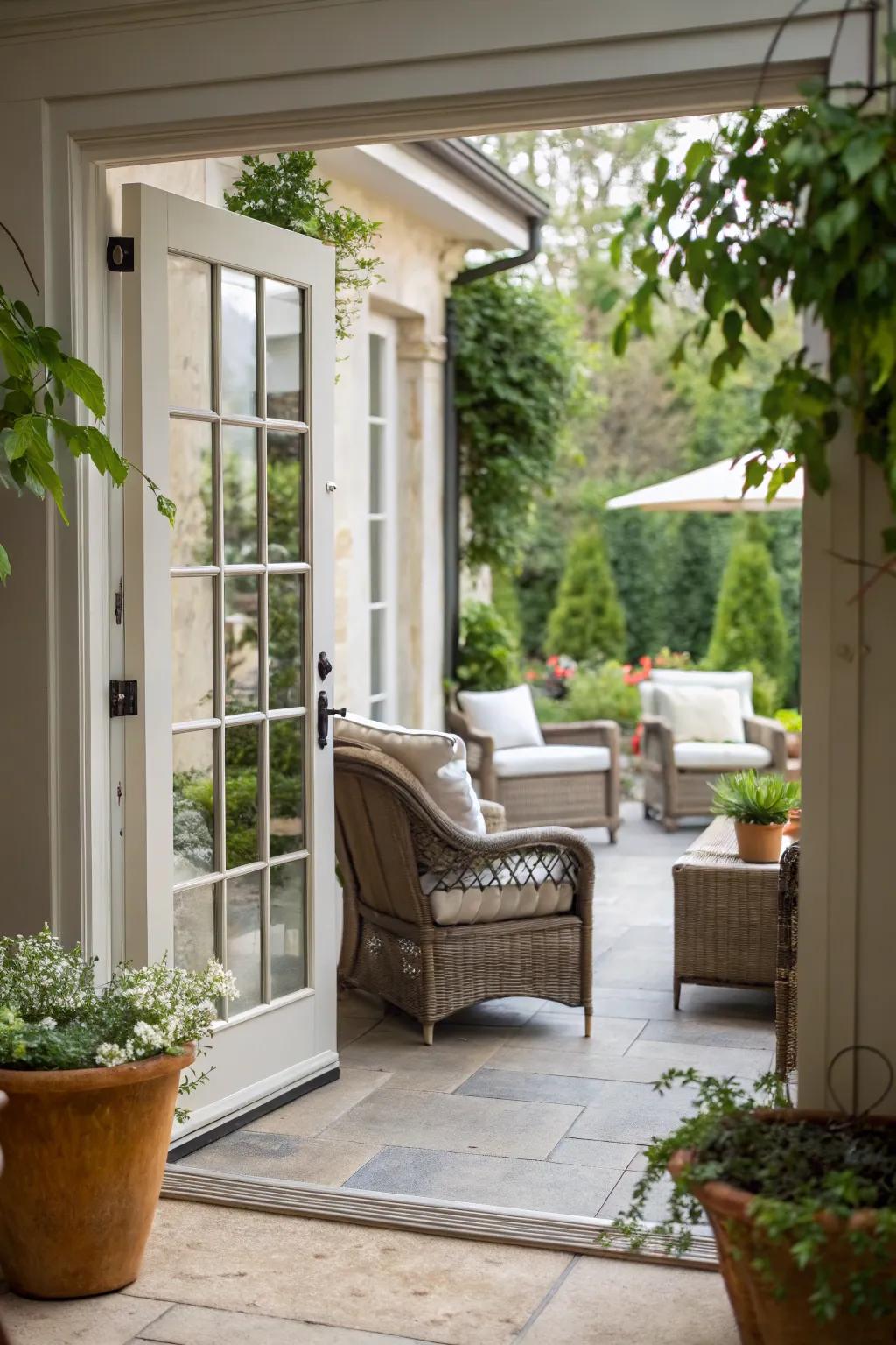 French doors provide a smooth transition to outside relaxation spots.