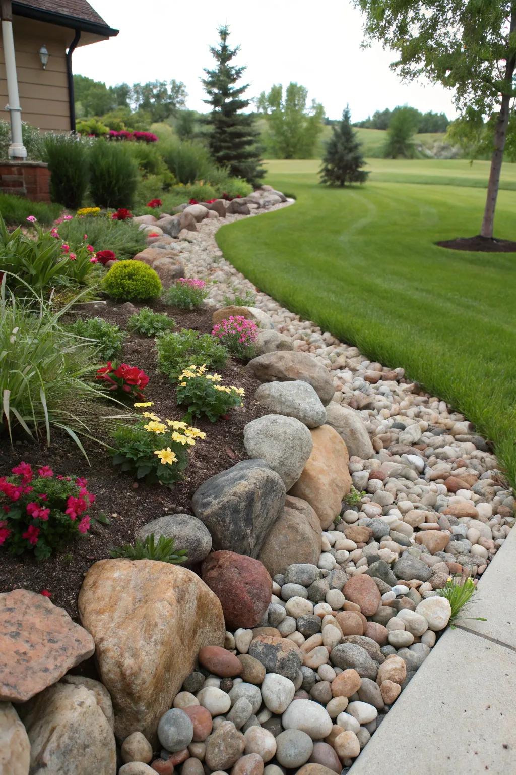 A French drain cleverly concealed beneath an assortment of ornamental stones.