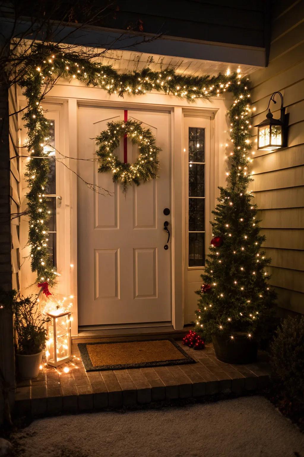 Glittering lights cascade around the doorframe.