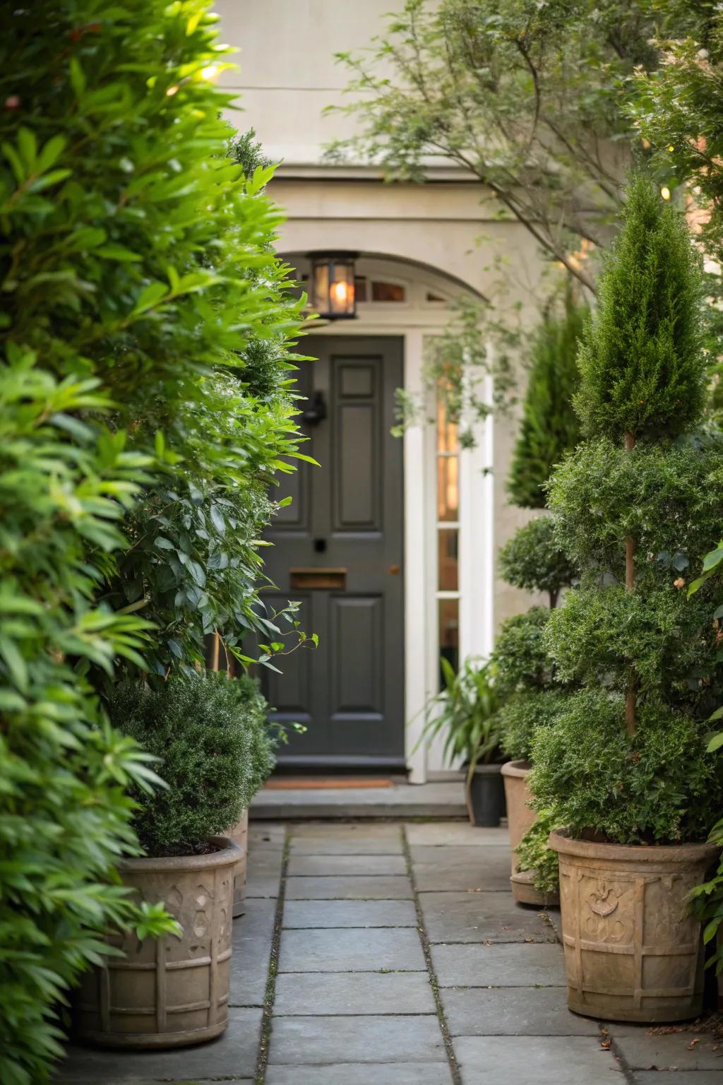 Towering potted plants extend a flourishing welcome at the entry.