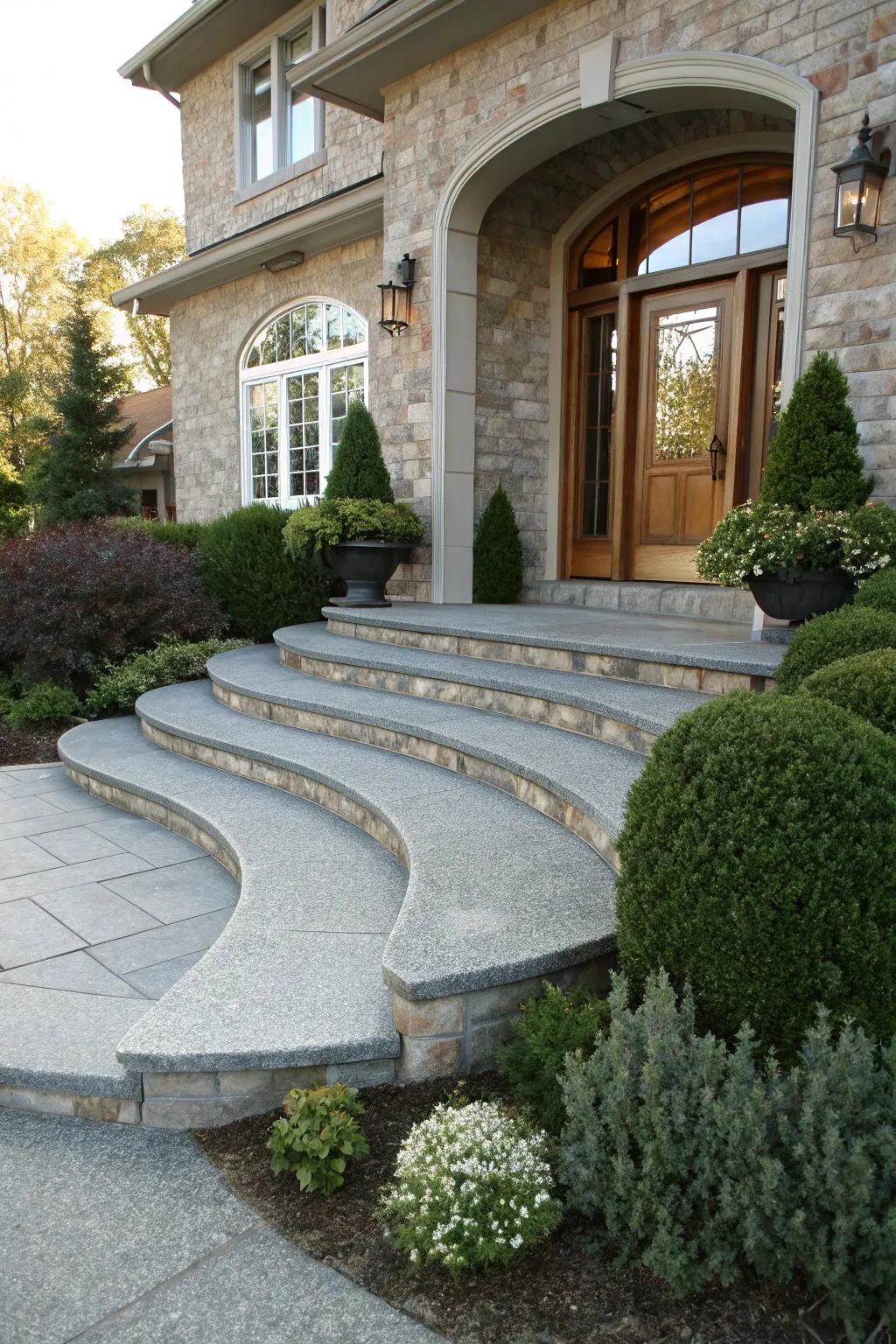 Arched granite steps make for an elegant entry.