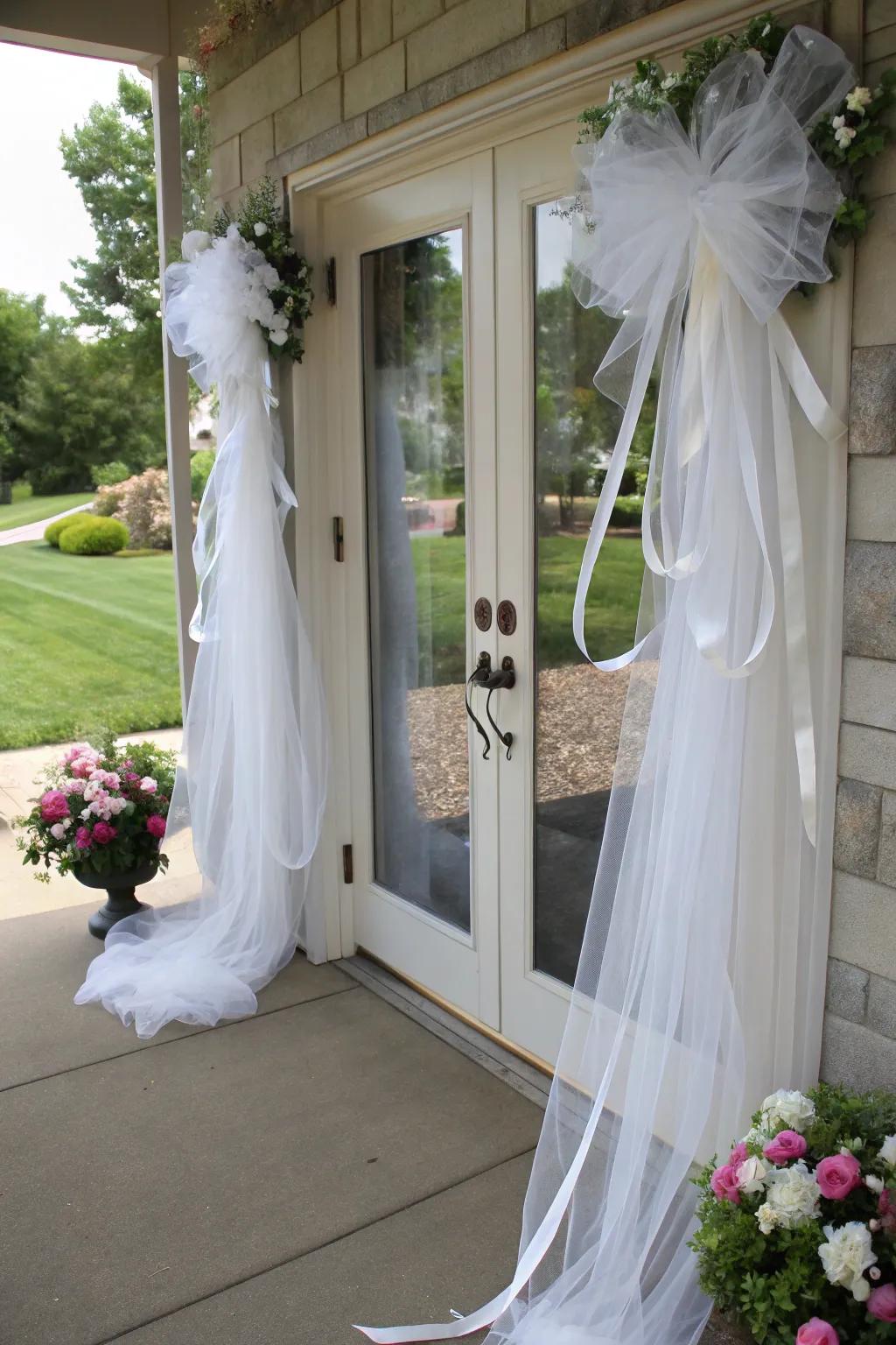 Gauze and bands fashion a delicate, sophisticated entrance for your wedding day.