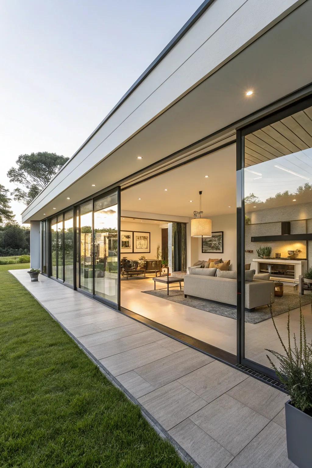 A modern residence features expansive glass doors, filling the interior with light.