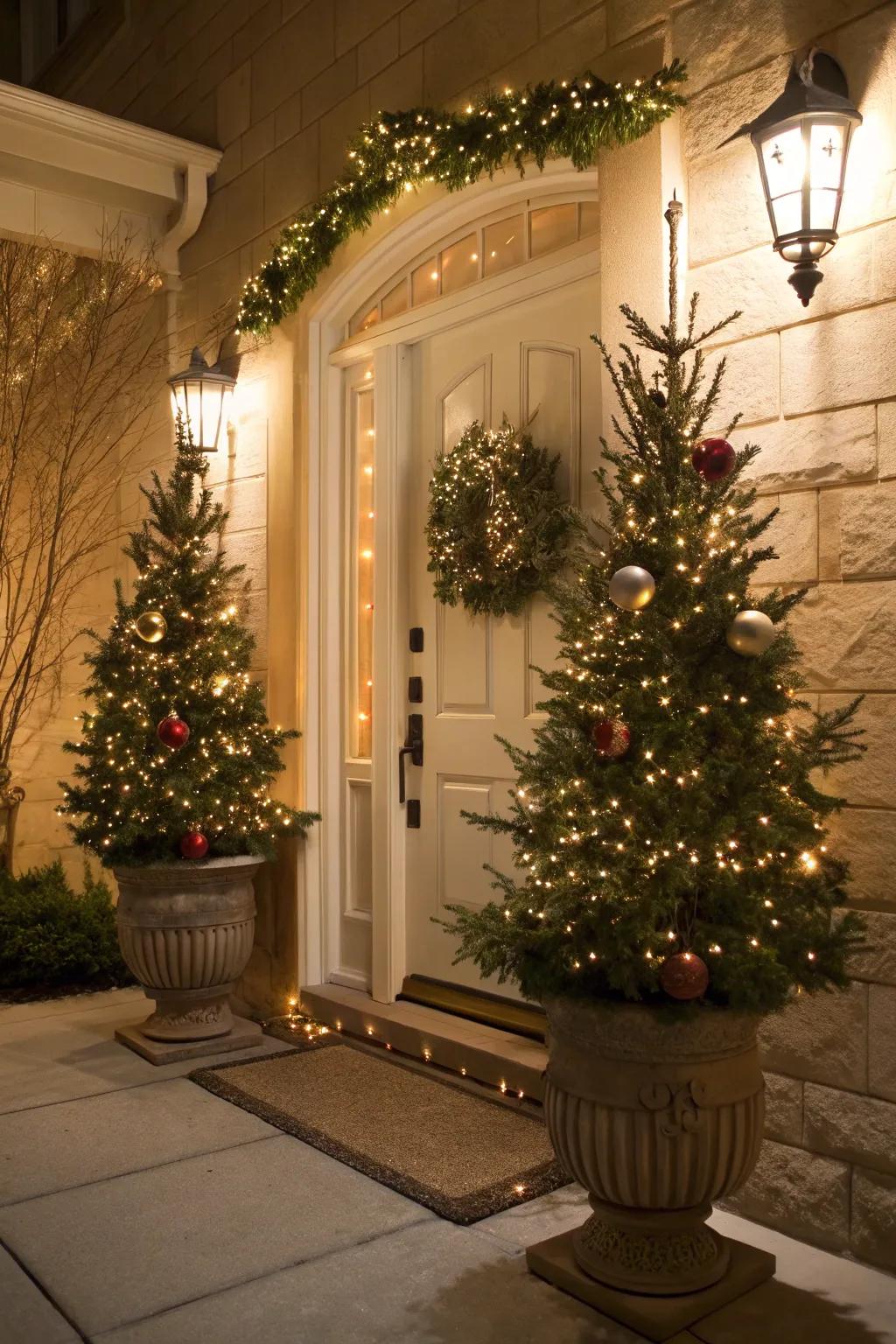Small Holiday firs inside containers fashion a joyful entrance.