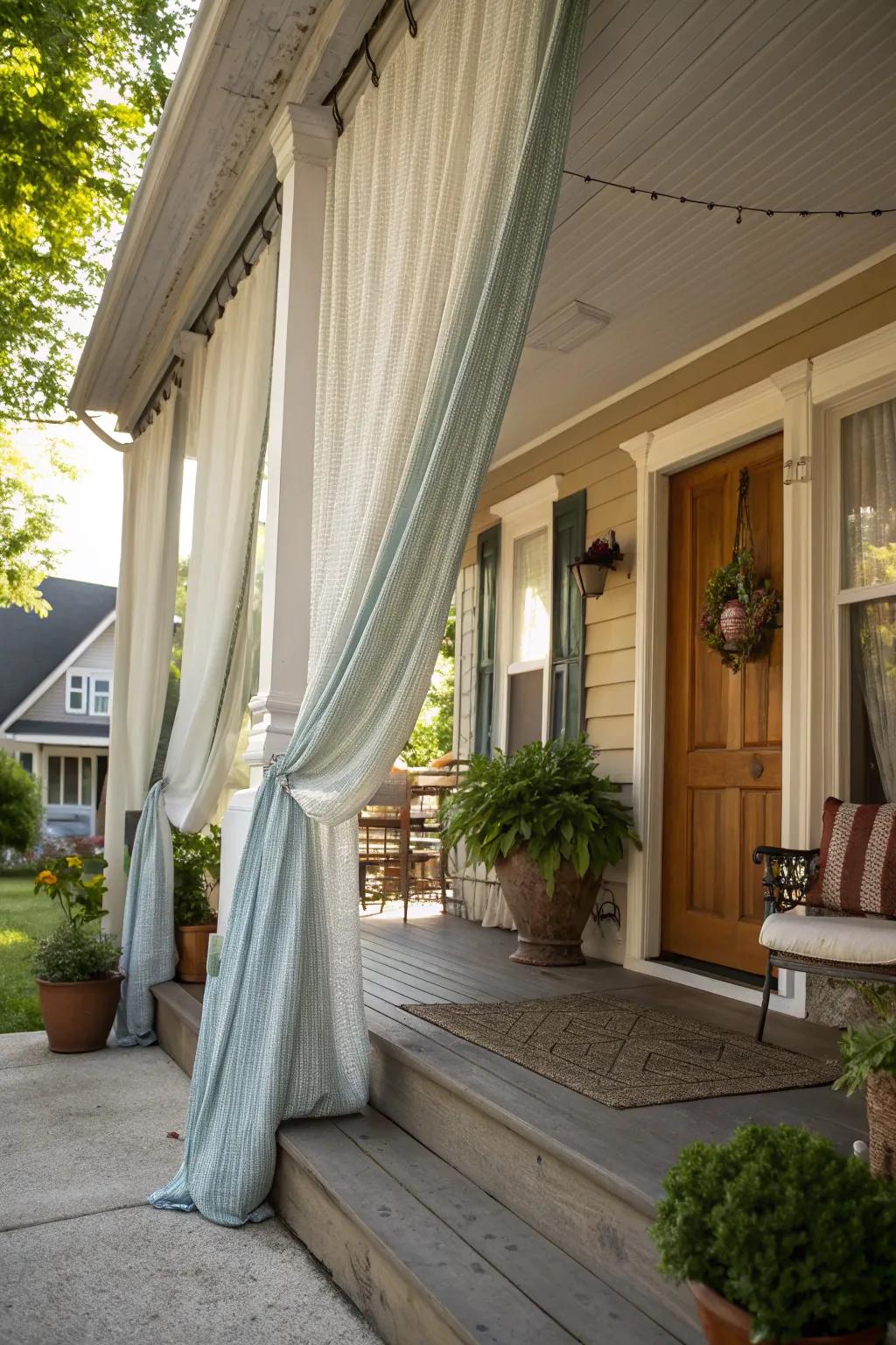 Exterior fabrics affording seclusion and refinement on a captivating front porch.