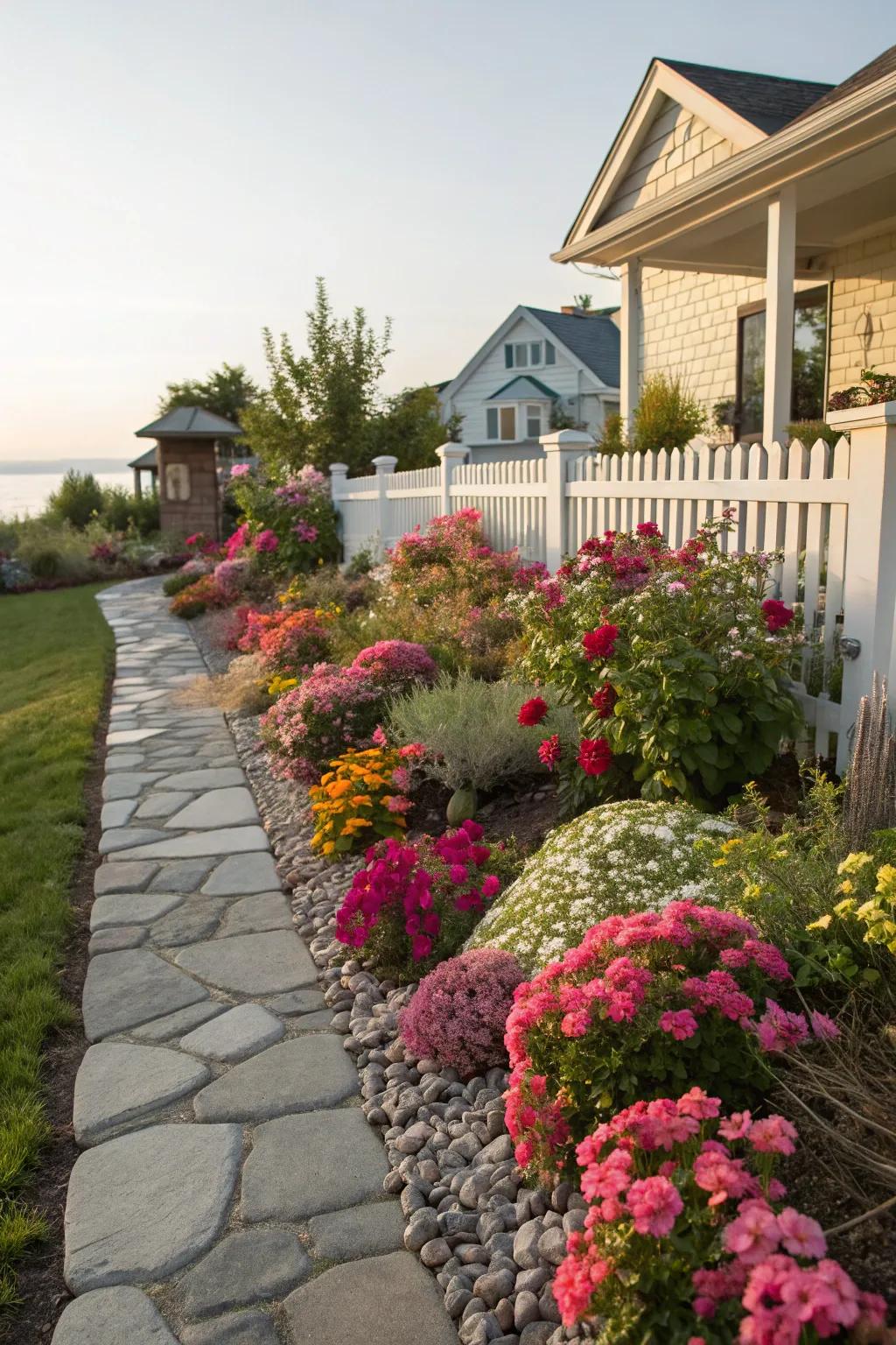 Vibrant flowers outline the walkway, infusing joy and energy.
