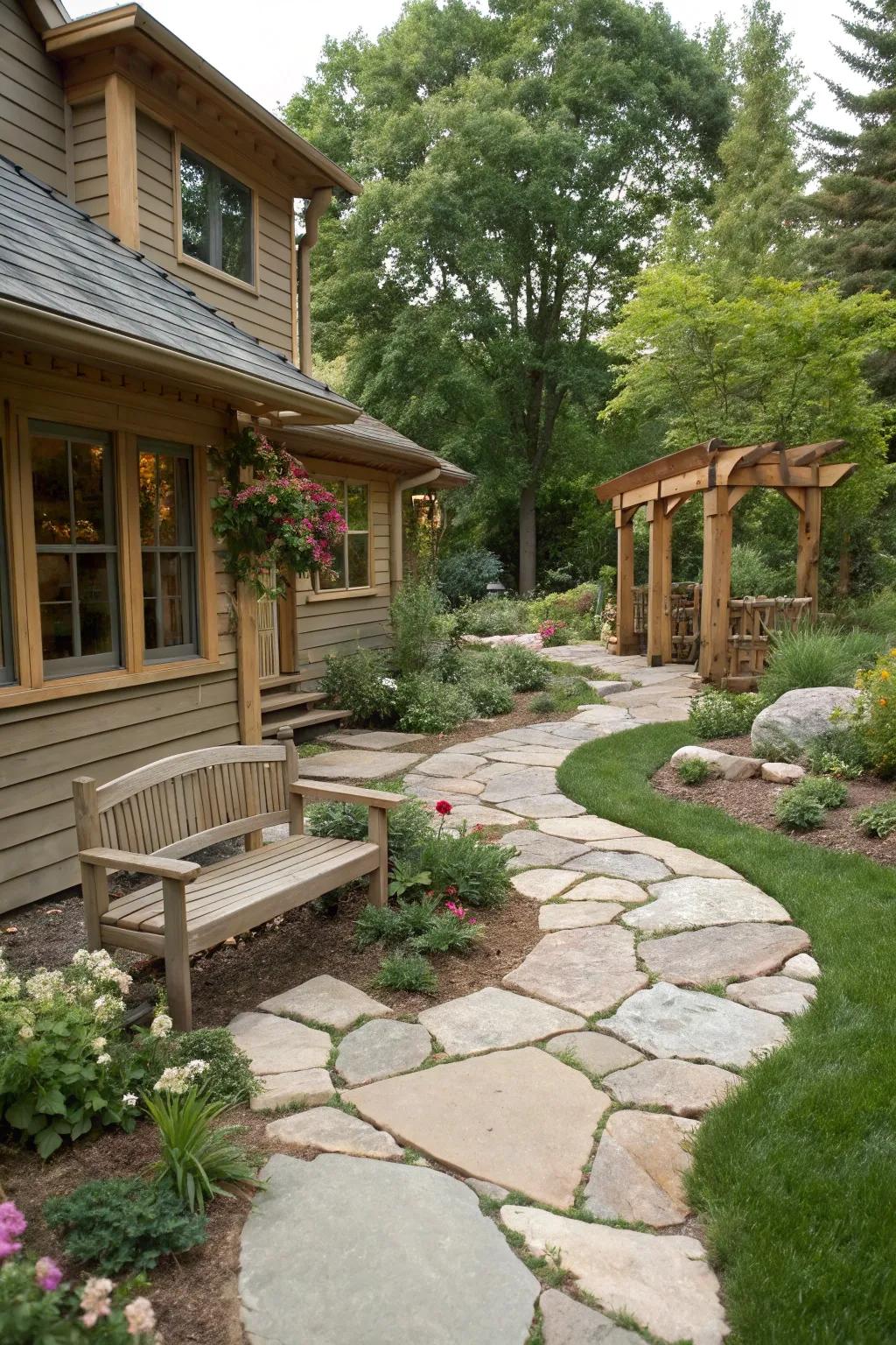 Natural stone walkways enhancing the ranch home's curb appeal