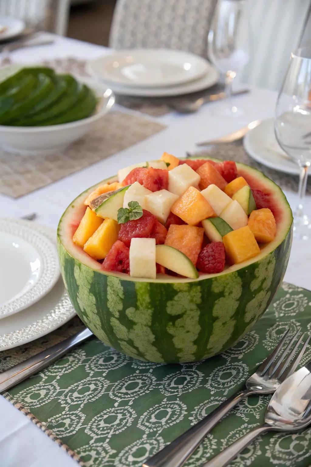 A carved watermelon bowl brimming with fruit cubes introduces a rustic elegance.